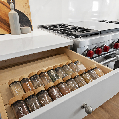 Kitchen drawer organization with labeled spice jars, professional gas range with red knobs and white quartz countertop