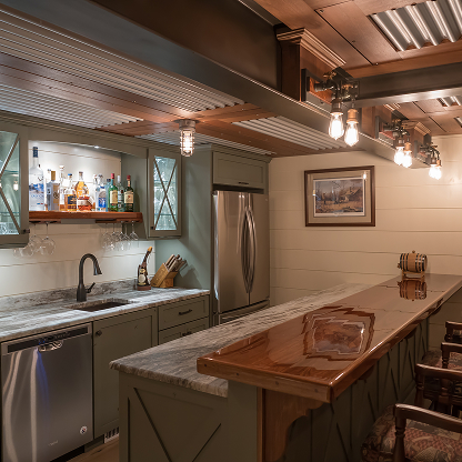 Rustic basement bar with wood ceiling, marble counters and industrial lighting