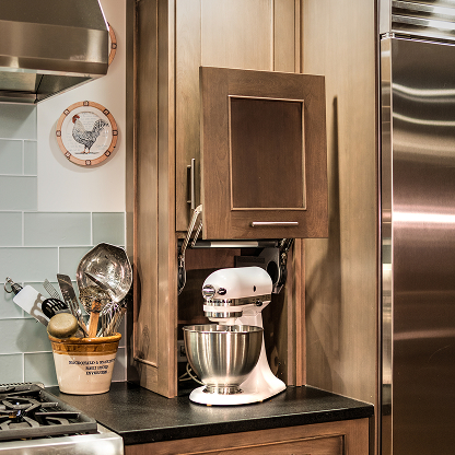Kitchen appliance garage with lift-up door and stand mixer storage