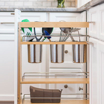 Kitchen utensil organizer with stainless steel holders - pull-out drawer storage solution