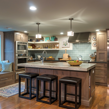 Modern kitchen with aqua backsplash, concrete countertops, and industrial bar stools